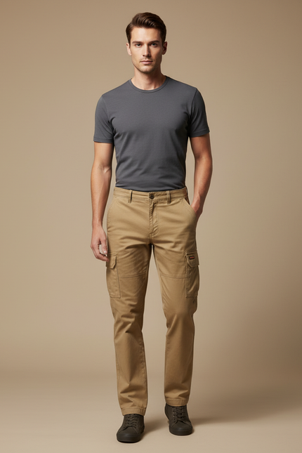 Pantalon Cargo Homme Kaki Coton Décontracté Multipoches - Toile