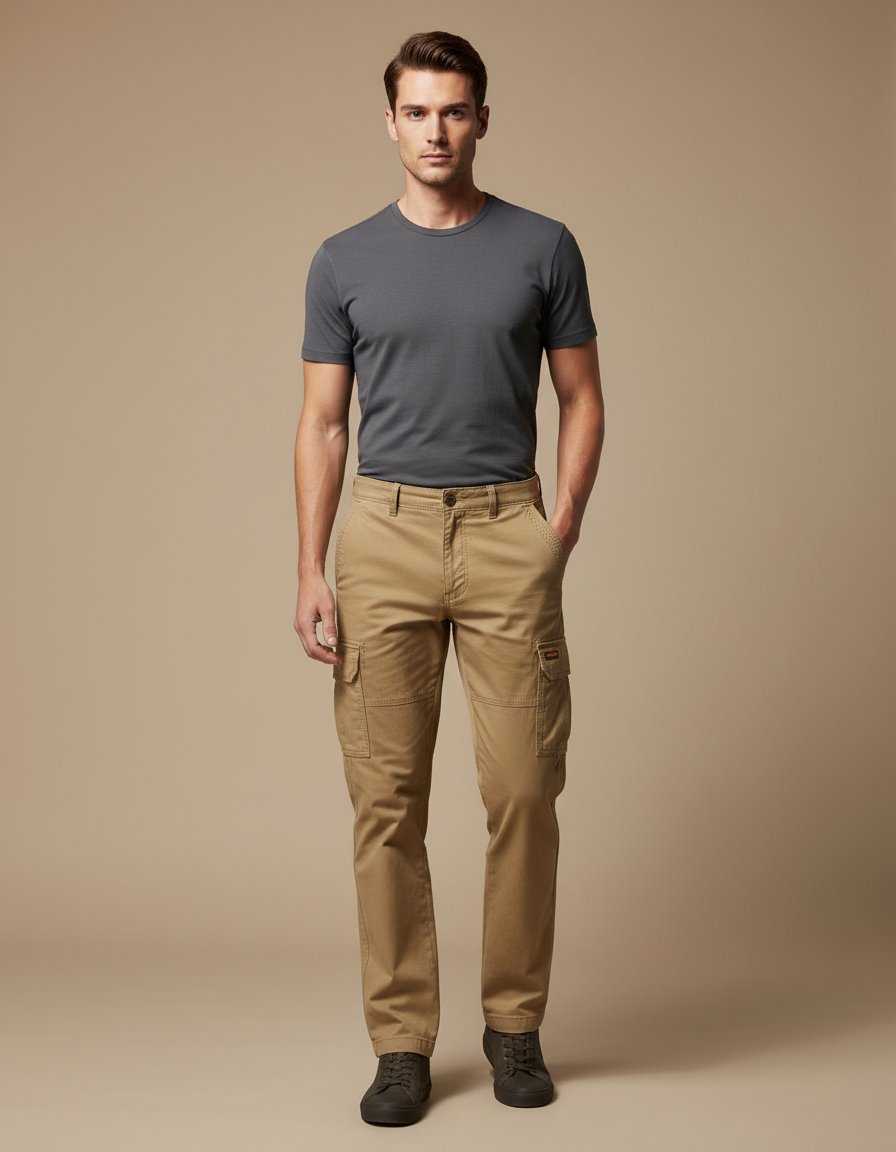 Pantalon Cargo Homme Kaki Coton Décontracté Multipoches - Toile