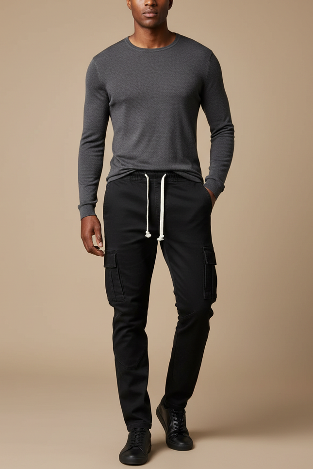 Pantalon Cargo Noir Slim Multipoches Coton Homme
