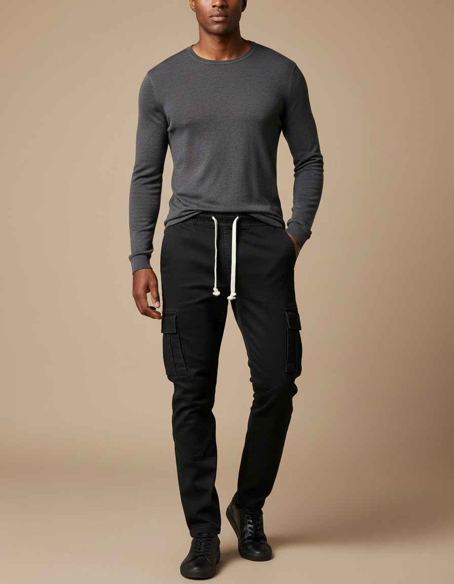 Pantalon Cargo Noir Slim Multipoches Coton Homme