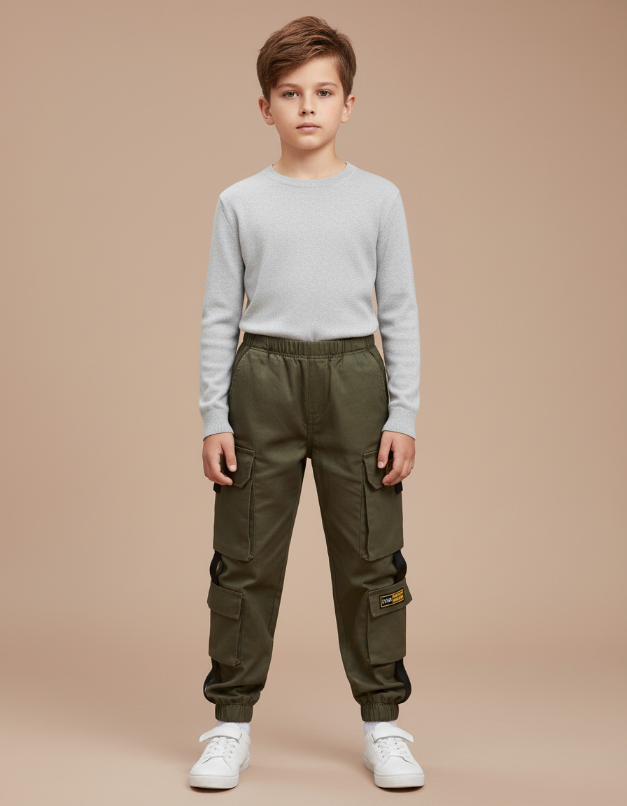 Pantalon Cargo Vert Militaire Coton Ample Poches - Kaki Toile