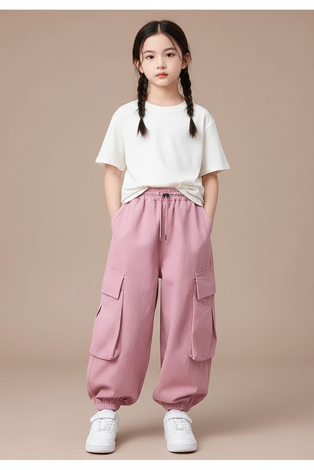 Pantalon Cargo Rose Ample Multipoches Enfant Streetwear - Molleton