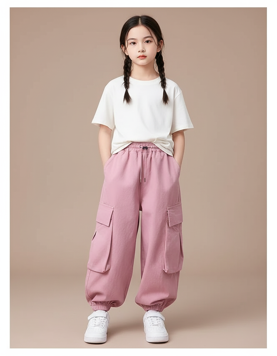 Pantalon Cargo Rose Ample Multipoches Enfant Streetwear - Molleton