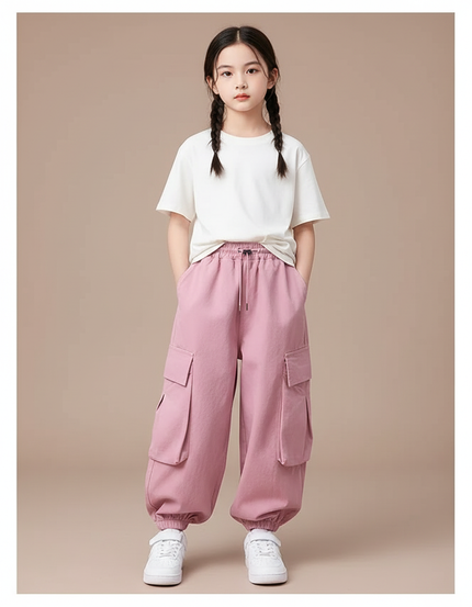 Pantalon Cargo Rose Ample Multipoches Enfant Streetwear - Molleton