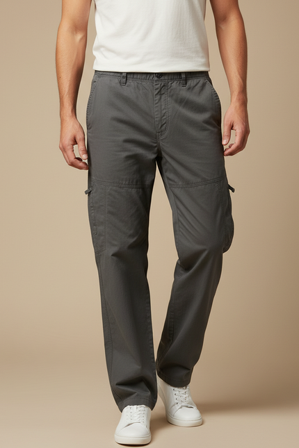 Pantalon Cargo Gris Coton Droit Multipoches Homme - Toile
