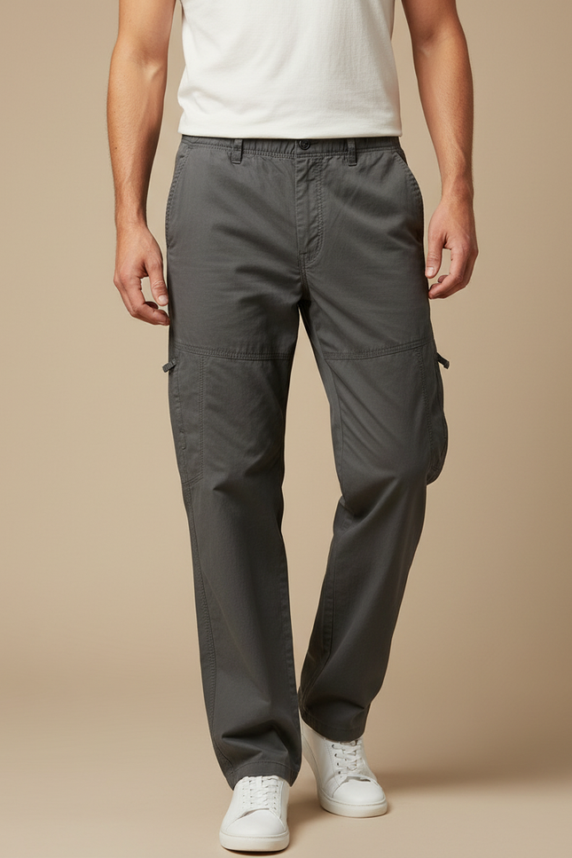Pantalon Cargo Gris Coton Droit Multipoches Homme - Toile