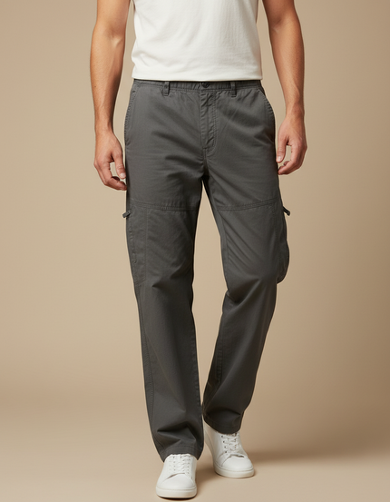 Pantalon Cargo Gris Coton Droit Multipoches Homme - Toile