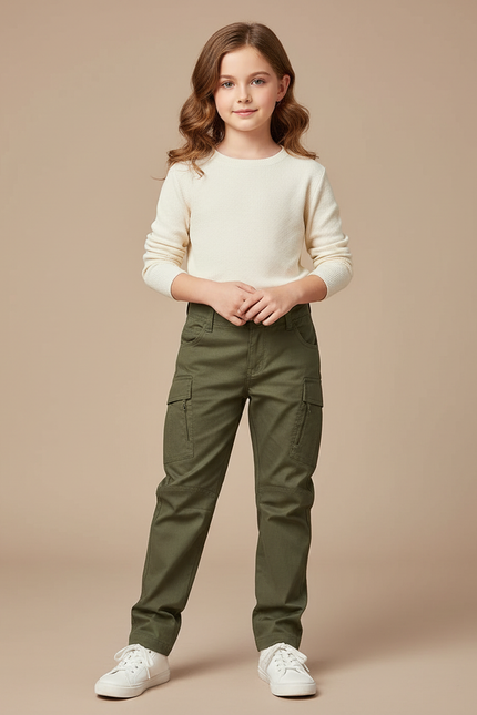 Pantalon Cargo Vert Fille Coupe Droite Coton Multipoches - Kaki
