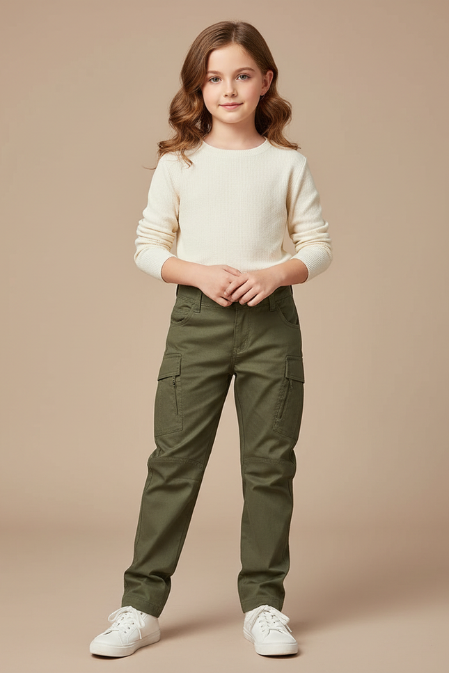 Pantalon Cargo Vert Fille Coupe Droite Coton Multipoches - Kaki