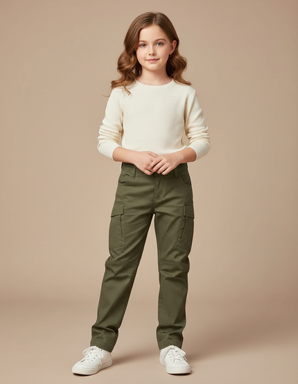 Pantalon Cargo Vert Fille Coupe Droite Coton Multipoches - Kaki