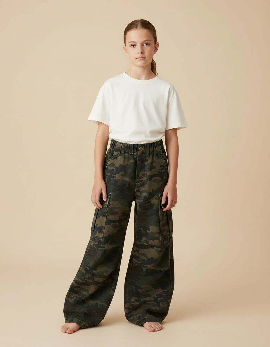 Pantalon Cargo Camouflage Ample Multipoches Coton Enfant - Imprimé