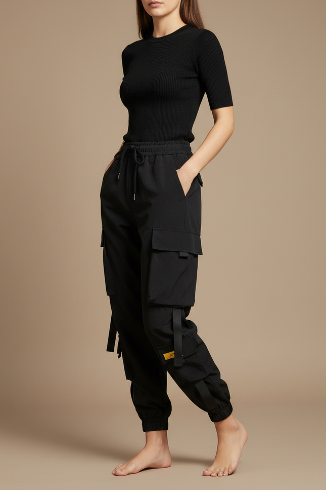 Pantalon Cargo Noir Femme Ample Multi-Poches Streetwear - Polyester