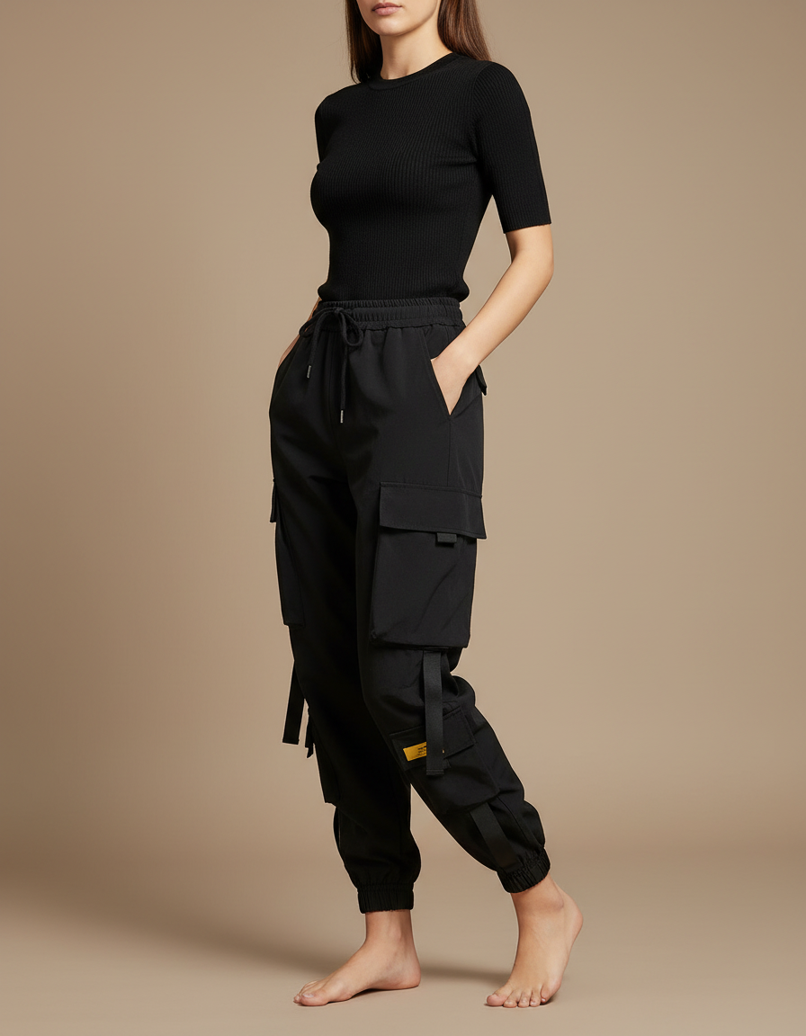 Pantalon Cargo Noir Femme Ample Multi-Poches Streetwear - Polyester