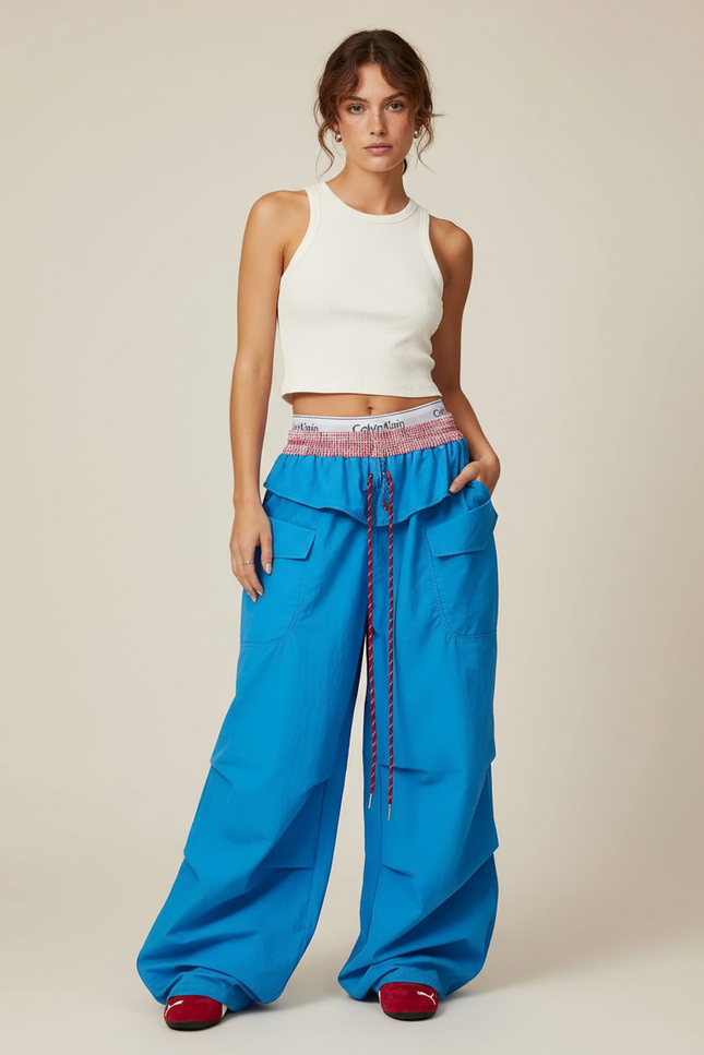 Pantalon Cargo Bleu Ample Parachute Multi-Poches Femme - Polyester