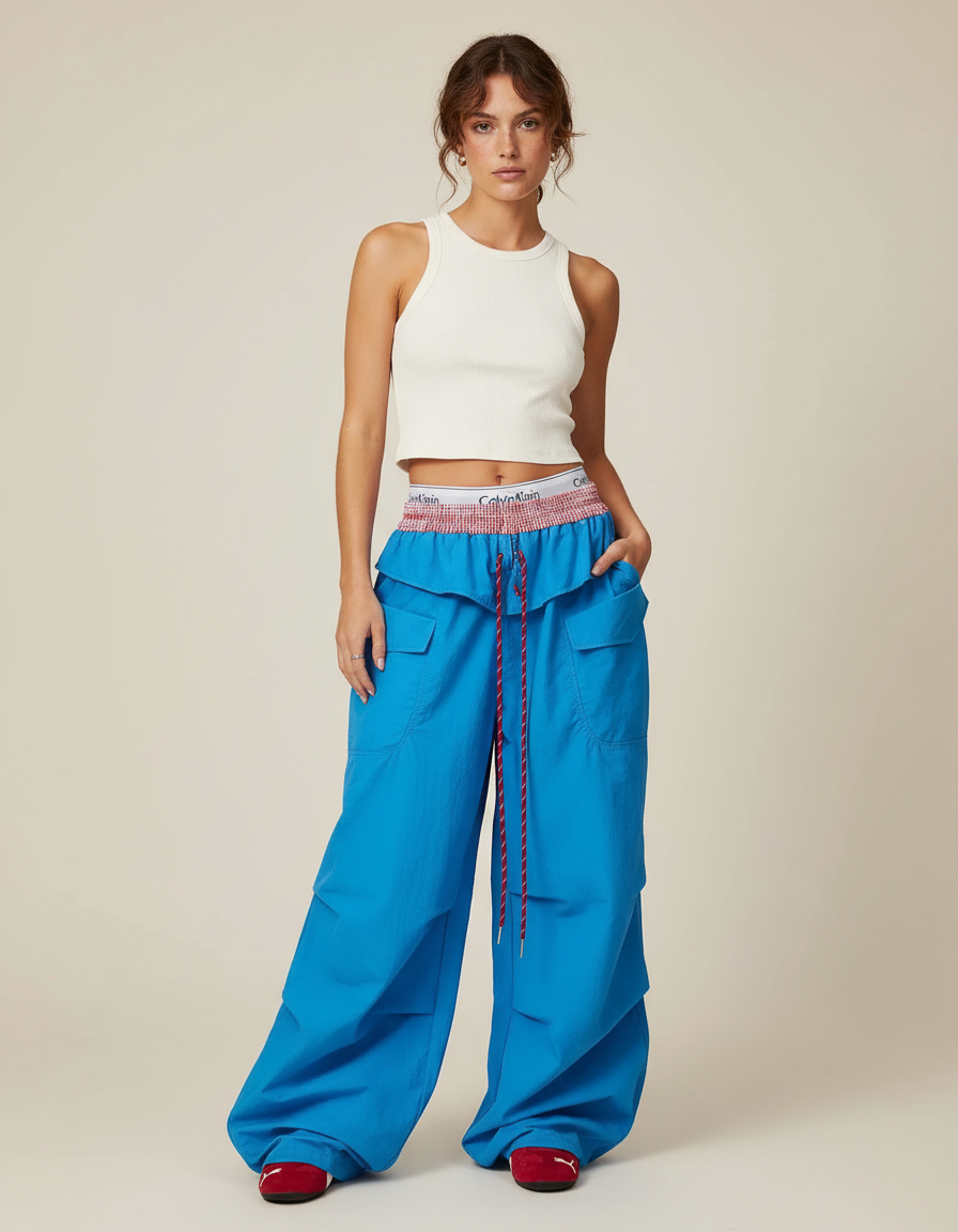Pantalon Cargo Bleu Ample Parachute Multi-Poches Femme - Polyester