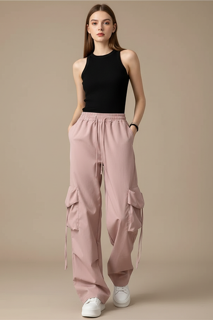 Pantalon Cargo Rose Ample Taille Haute Femme - Polyester