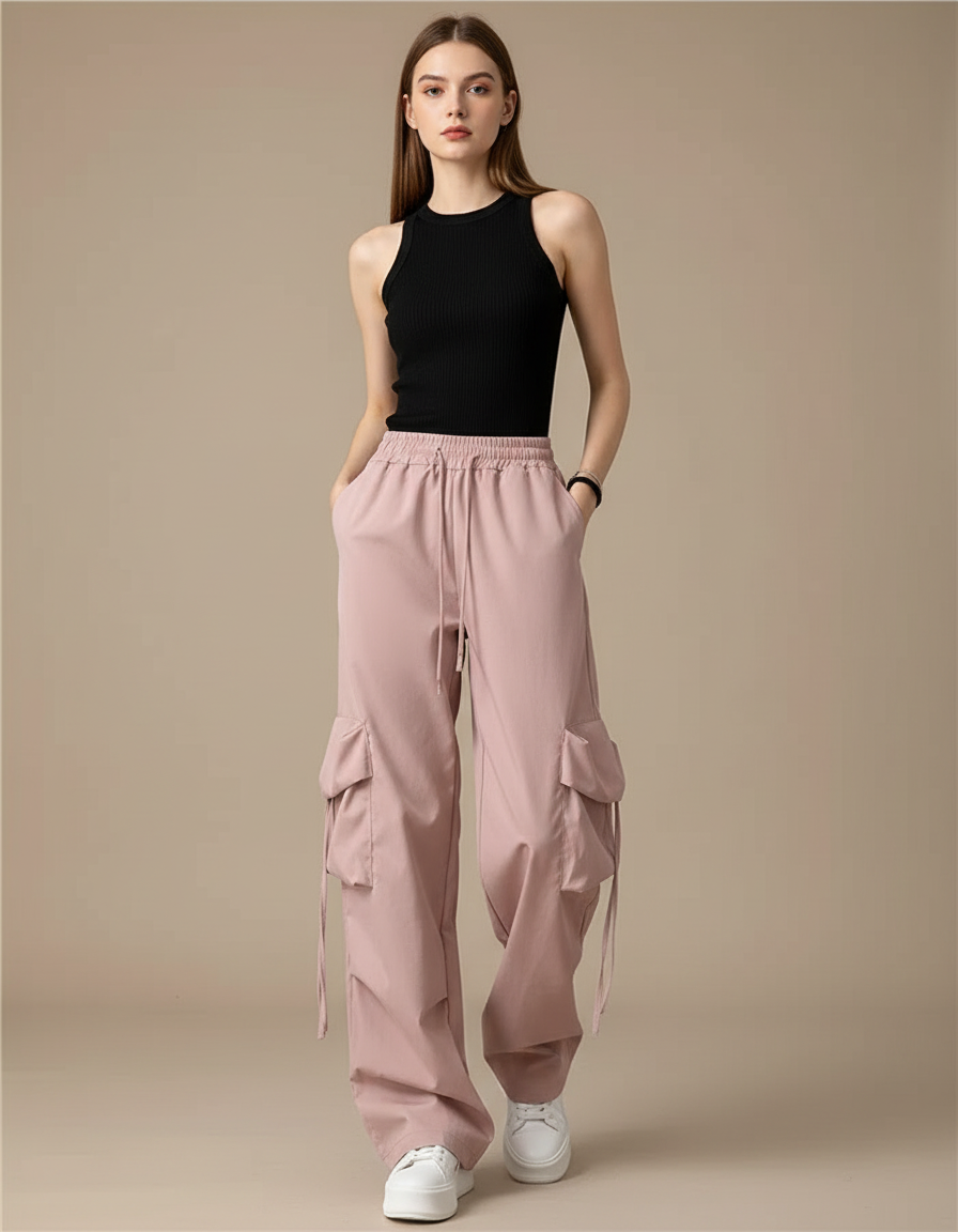 Pantalon Cargo Rose Ample Taille Haute Femme - Polyester