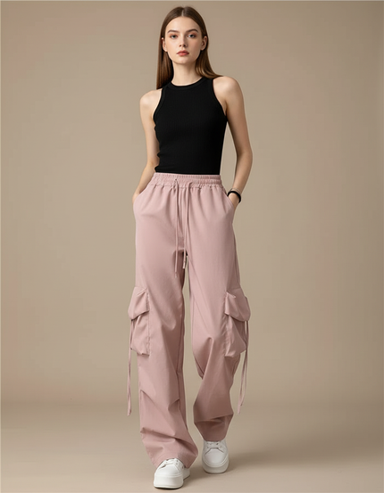 Pantalon Cargo Rose Ample Taille Haute Femme - Polyester