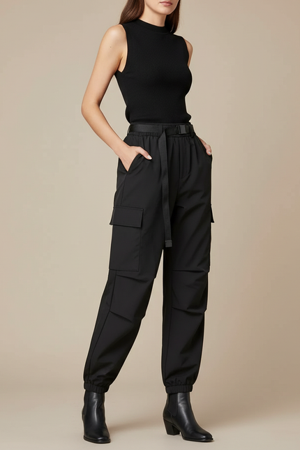 Pantalon Cargo Noir Fluide Ceinturé Multipoches Femme - Polyester