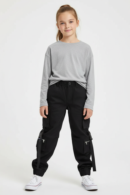 Pantalon Cargo Noir Décontracté Multipoches Sangles Fille - Toile