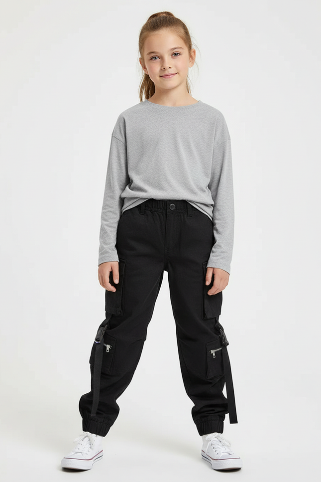 Pantalon Cargo Noir Décontracté Multipoches Sangles Fille - Toile