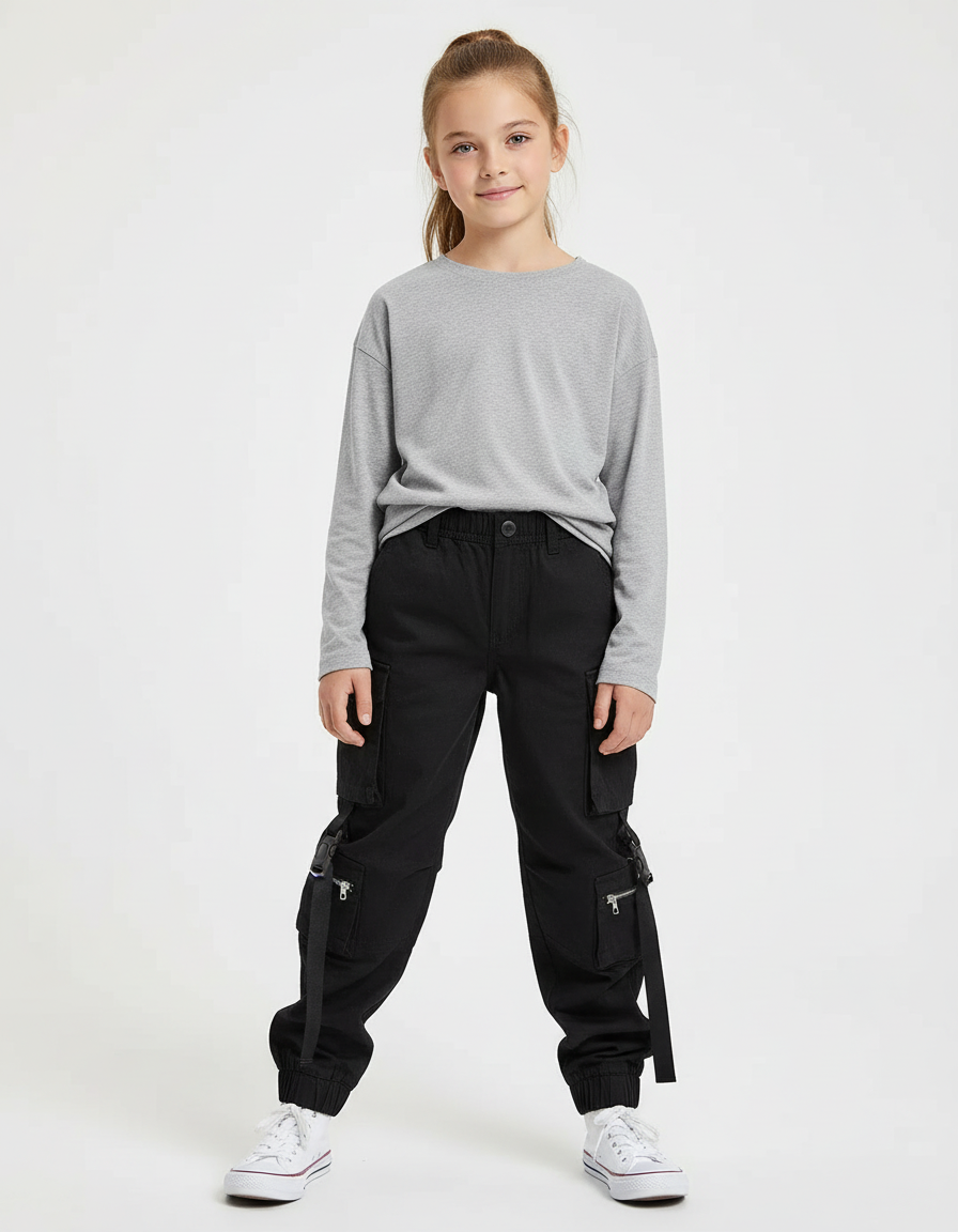 Pantalon Cargo Noir Décontracté Multipoches Sangles Fille - Toile