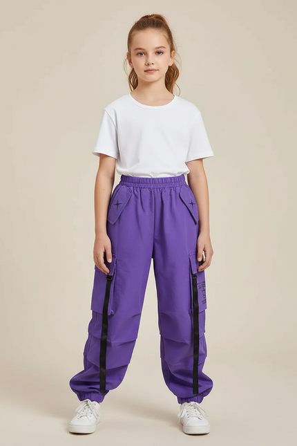 Pantalon Cargo Violet Ample Sangles Enfant Streetwear - Polyester