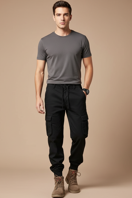 Pantalon Cargo Noir Homme Slim Multipoches Coton