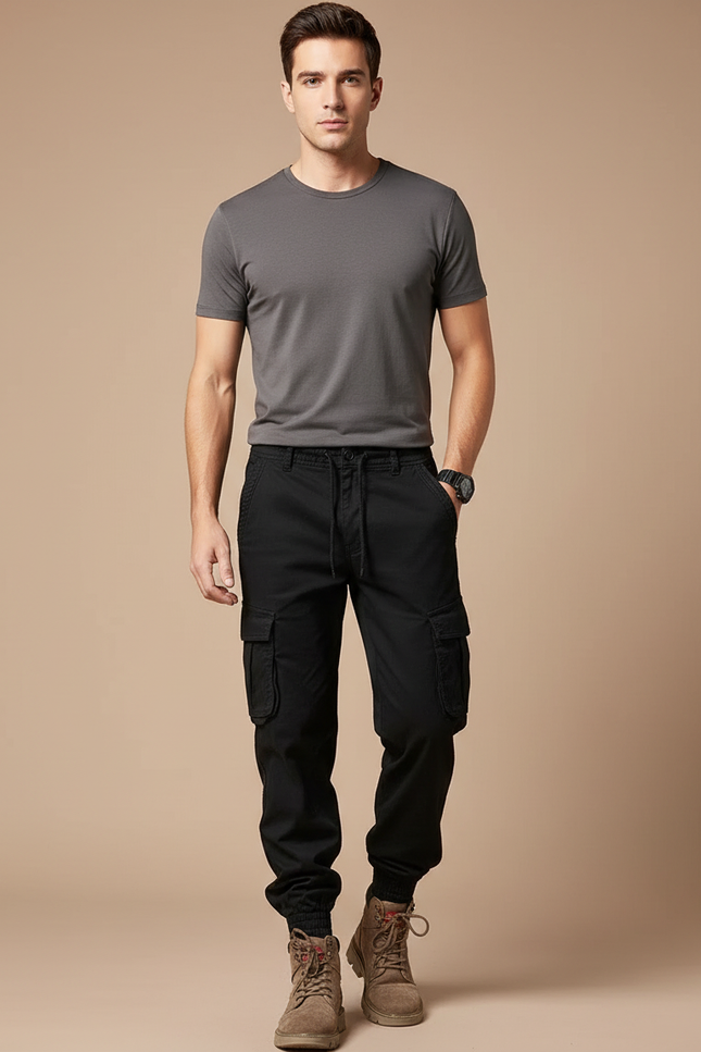 Pantalon Cargo Noir Homme Slim Multipoches Coton