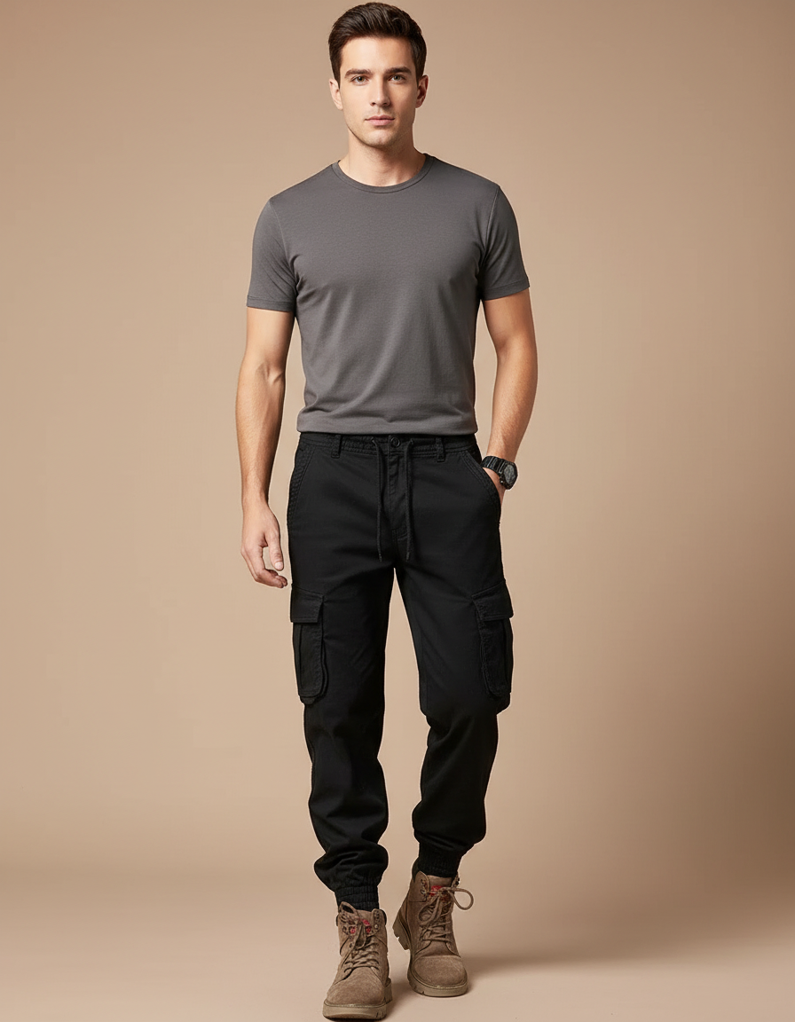 Pantalon Cargo Noir Homme Slim Multipoches Coton