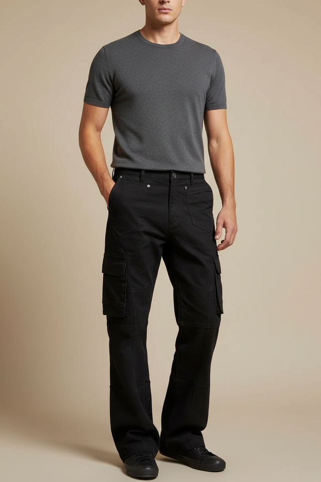 Pantalon Cargo Noir Ample Multipoches Homme Y2K - Toile