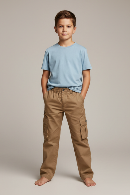 Pantalon Cargo Enfant Beige Multipoches Coton Décontracté - Kaki Gabardine