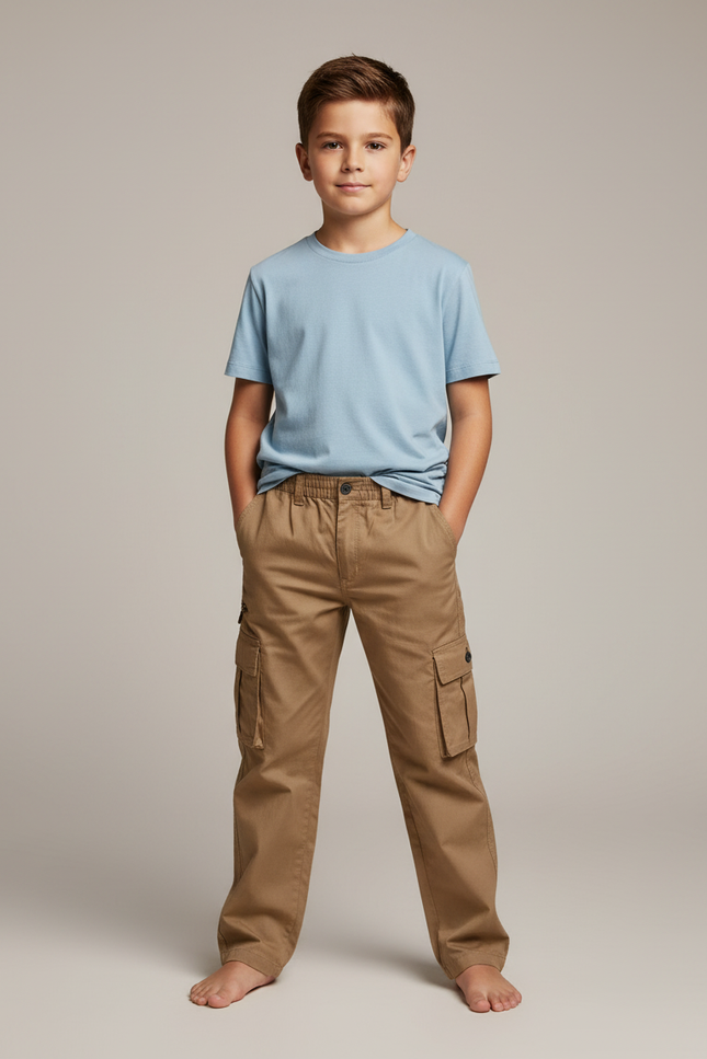 Pantalon Cargo Enfant Beige Multipoches Coton Décontracté - Kaki Gabardine