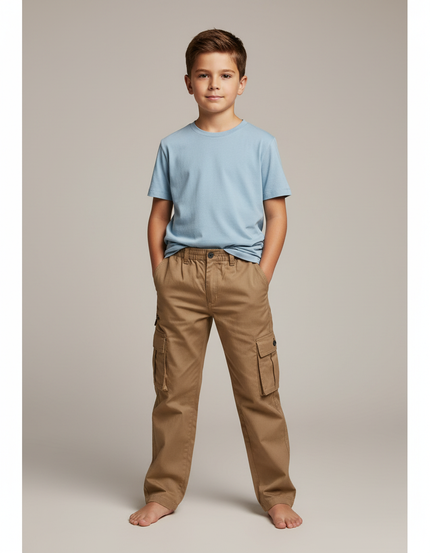 Pantalon Cargo Enfant Beige Multipoches Coton Décontracté - Kaki Gabardine