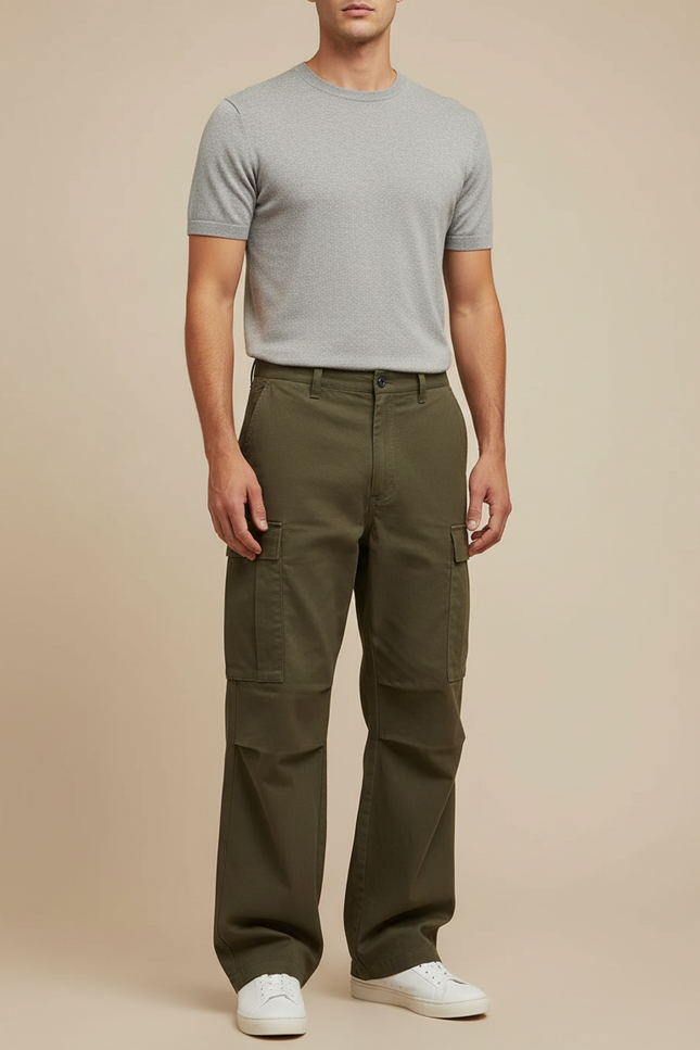 Pantalon Cargo Kaki Ample Coton Homme Décontracté