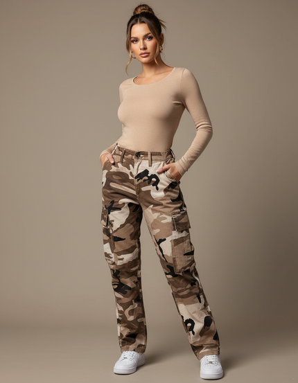 Pantalon Cargo Camouflage Marron Poches Ample Femme - Toile