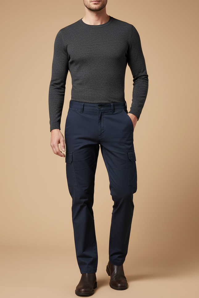 Pantalon Cargo Homme Bleu Marine Coton Décontracté Slim