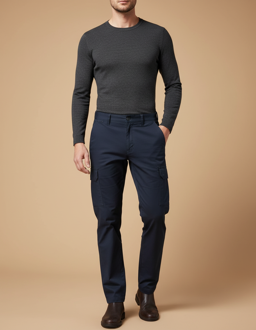 Pantalon Cargo Homme Bleu Marine Coton Décontracté Slim