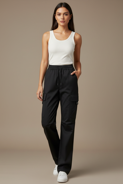 Pantalon Cargo Noir Fluide Ample Taille Haute - Polyester