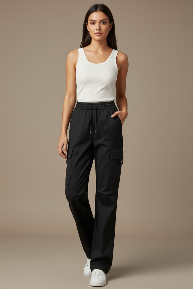 Pantalon Cargo Noir Fluide Ample Taille Haute - Polyester