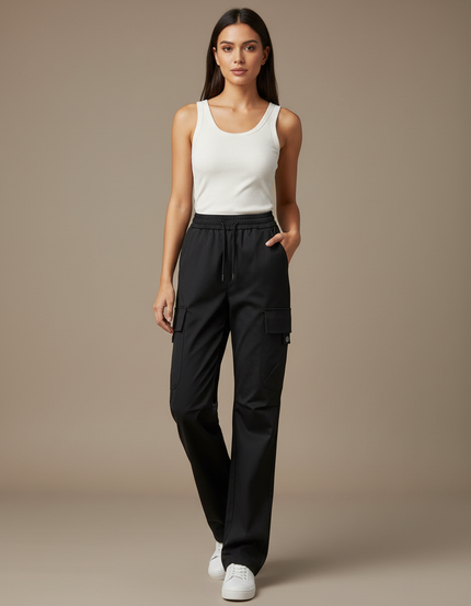 Pantalon Cargo Noir Fluide Ample Taille Haute - Polyester