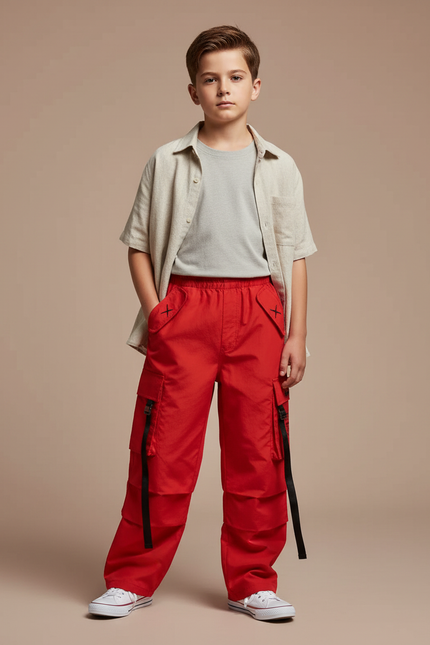 Pantalon Cargo Rouge Ample Poches Multiples Garçon - Polyester