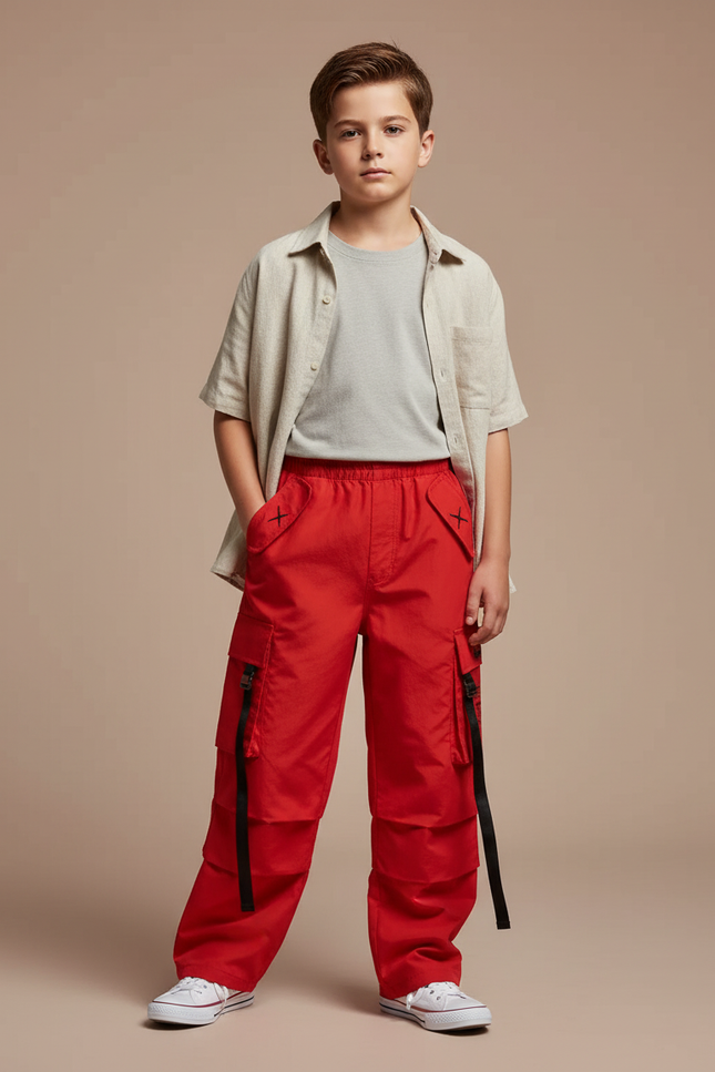 Pantalon Cargo Rouge Ample Poches Multiples Garçon - Polyester