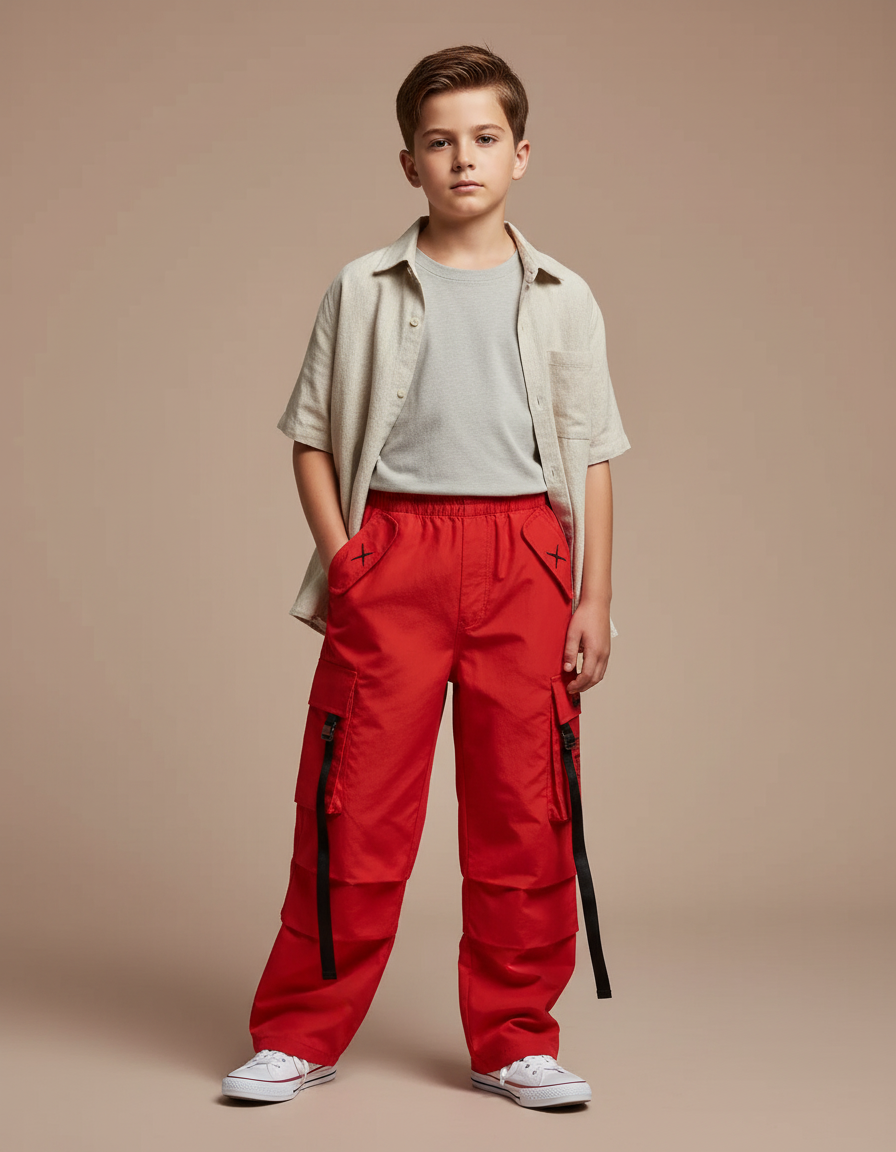 Pantalon Cargo Rouge Ample Poches Multiples Garçon - Polyester