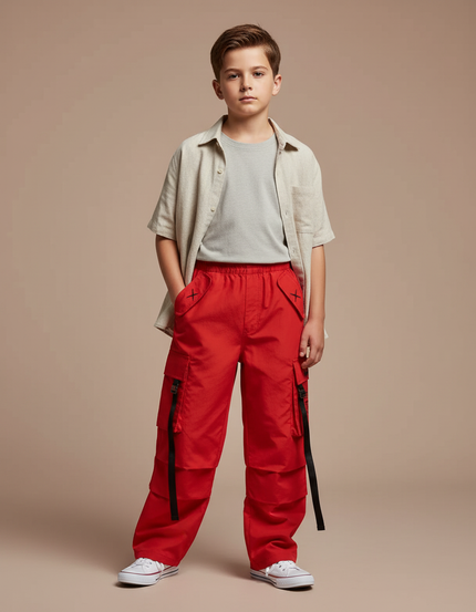 Pantalon Cargo Rouge Ample Poches Multiples Garçon - Polyester