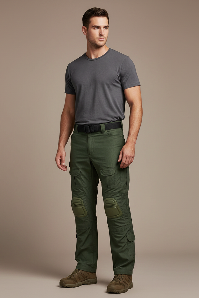 Pantalon Cargo Vert Militaire Tactique Multipoches Genouillères - Toile