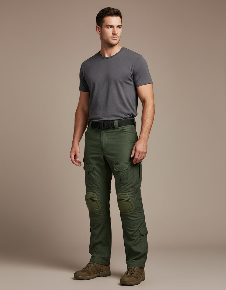 Pantalon Cargo Vert Militaire Tactique Multipoches Genouillères - Toile