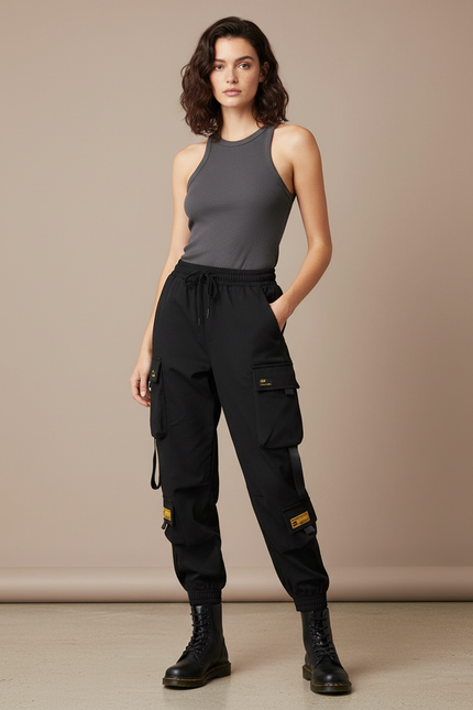 Pantalon Cargo Noir Ample Streetwear Multi-Poches Femme - Polyester