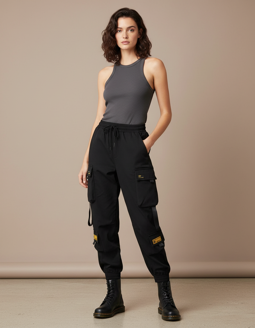 Pantalon Cargo Noir Ample Streetwear Multi-Poches Femme - Polyester