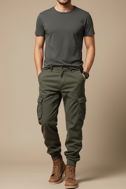 Pantalon Cargo Vert Militaire Slim Multipoches Homme - Kaki Toile